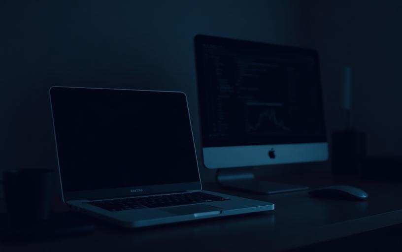 A laptop and desktop computer on a dark desk