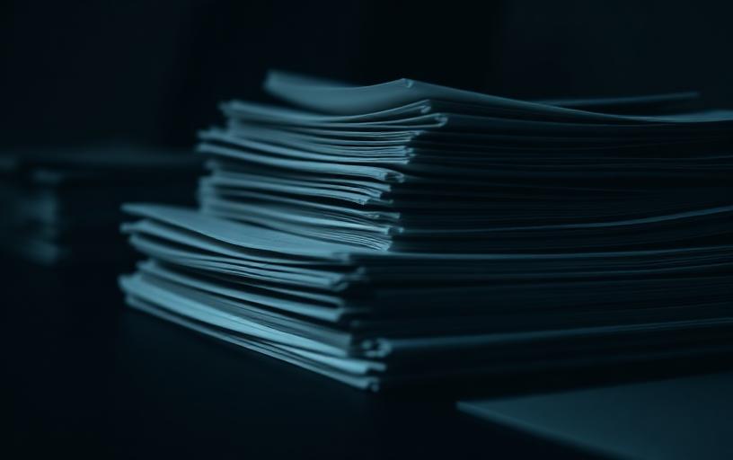 A stack of printed documents and folders