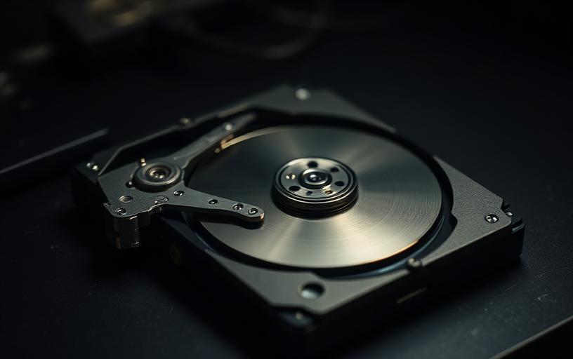 A disassembled hard drive in a data recovery lab