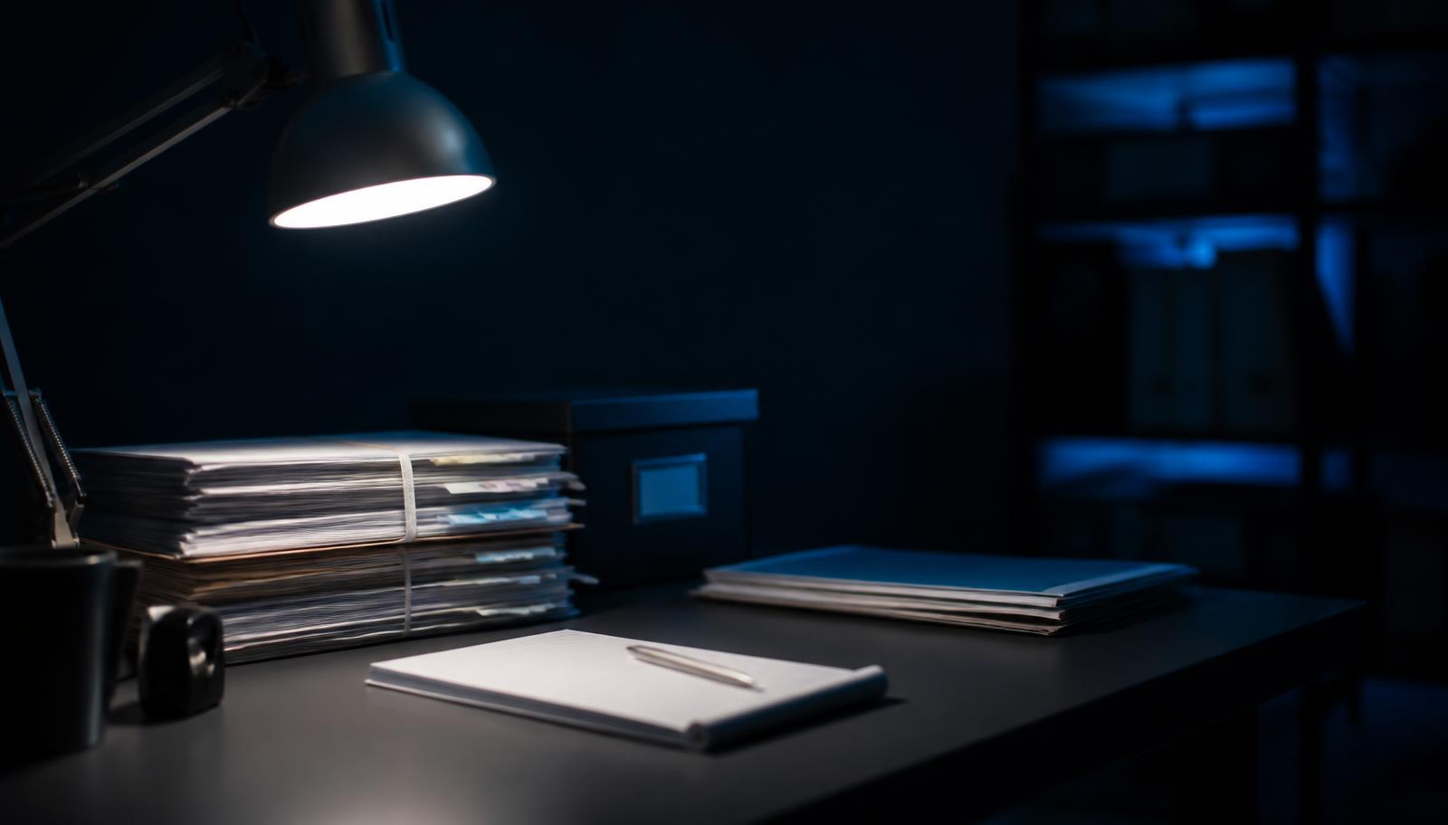 Documents and evidence laid out and ordered on a desk