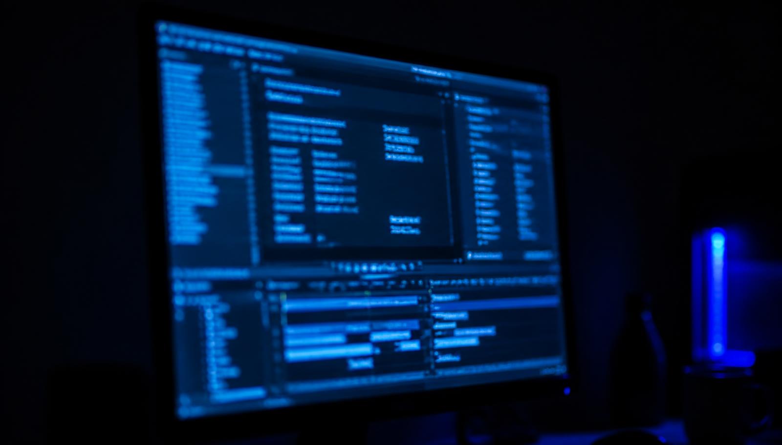 A screen in a dim room showing abstract file property and timeline data in blue light