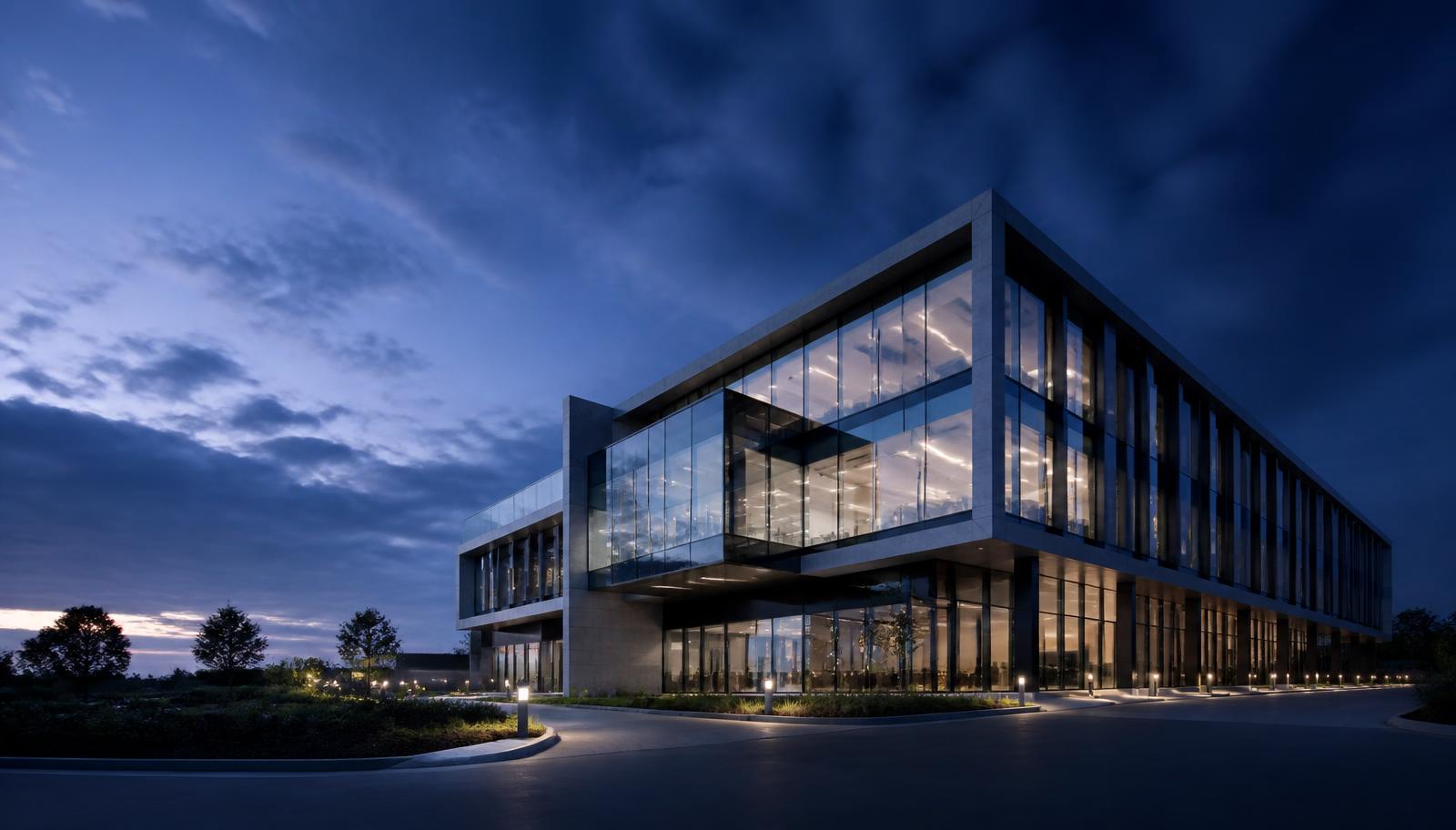 Contemporary Australian commercial office building at dusk under cool blue light