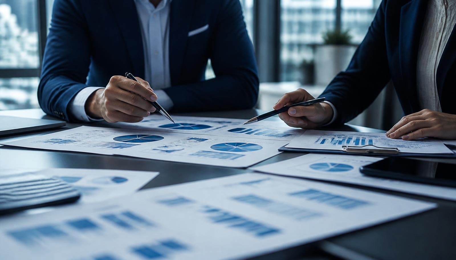 Advisers reviewing printed charts and data across a table during a quarterly review
