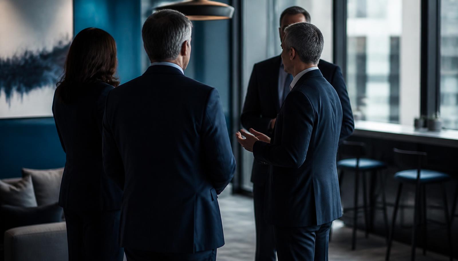 Senior professionals in conversation in a modern office breakout space, representing the specialist network behind Integrity Solve